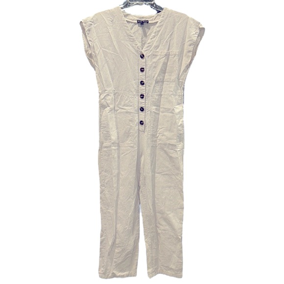 Miou Muse Button Front Linen Blend Utility Jumpsuit in...